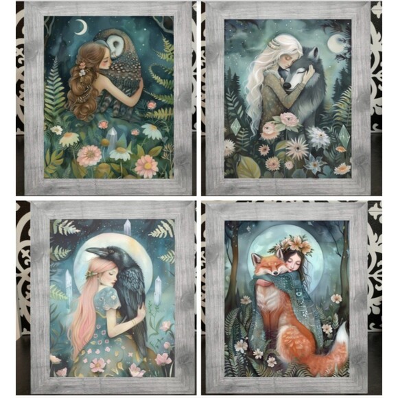 Set 4 Framed Spirit Animal Raven Crow Fox Owl Wolf Hug Crystals Prints - Picture 1 of 5